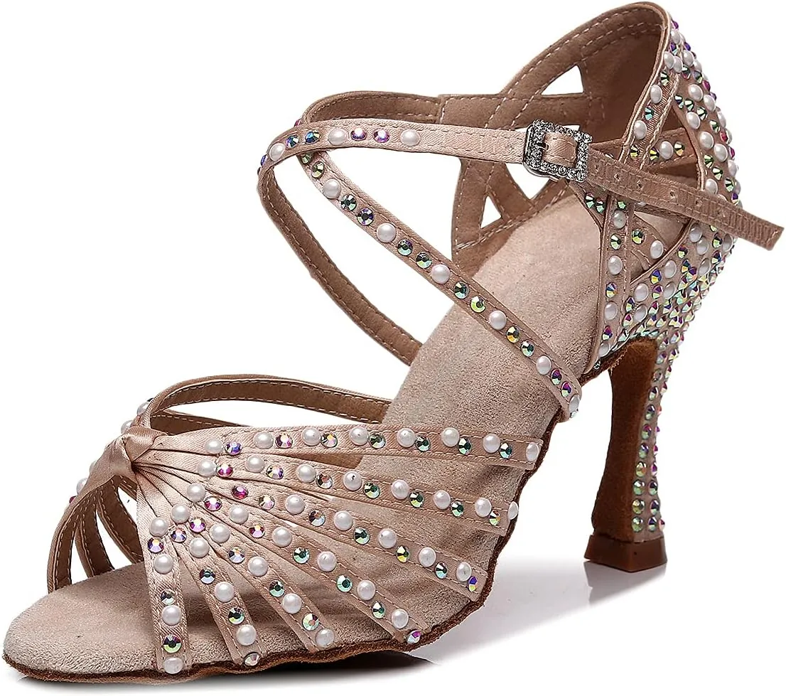 Latin Dance Shoes Salsa Wedding High Heel Shoes 3.35 inch Suede Sole Rhinestone Pumps Pearl Decoration for Women