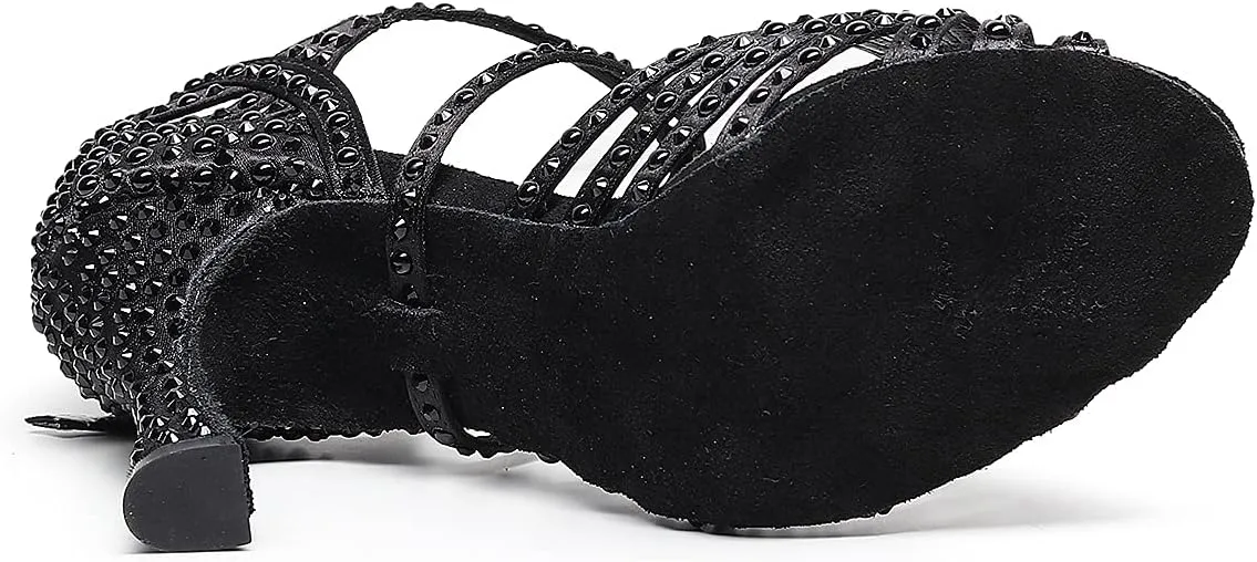 Latin Dance Shoes Salsa Wedding High Heel Shoes 3.35 inch Suede Sole Rhinestone Pumps Pearl Decoration for Women
