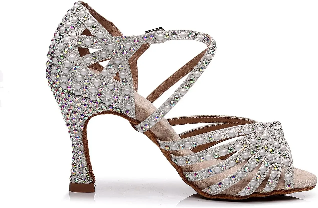 Latin Dance Shoes Salsa Wedding High Heel Shoes 3.35 inch Suede Sole Rhinestone Pumps Pearl Decoration for Women