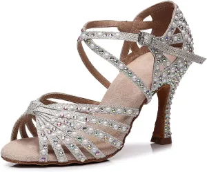 Latin Dance Shoes Salsa Wedding High Heel Shoes 3.35 inch Suede Sole Rhinestone Pumps Pearl Decoration for Women