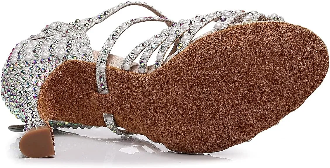 Latin Dance Shoes Salsa Wedding High Heel Shoes 3.35 inch Suede Sole Rhinestone Pumps Pearl Decoration for Women