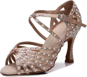 Latin Dance Shoes Salsa Wedding High Heel Shoes 3.35 inch Suede Sole Rhinestone Pumps Pearl Decoration for Women