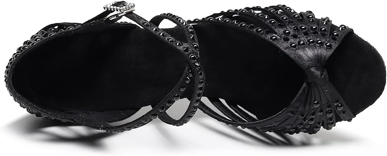 Latin Dance Shoes Salsa Wedding High Heel Shoes 3.35 inch Suede Sole Rhinestone Pumps Pearl Decoration for Women