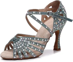 Latin Dance Shoes Salsa Wedding High Heel Shoes 3.35 inch Suede Sole Rhinestone Pumps Pearl Decoration for Women