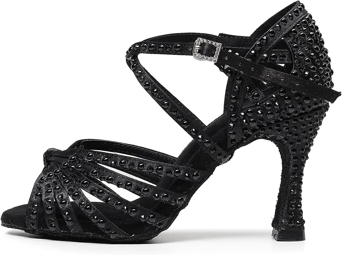 Latin Dance Shoes Salsa Wedding High Heel Shoes 3.35 inch Suede Sole Rhinestone Pumps Pearl Decoration for Women