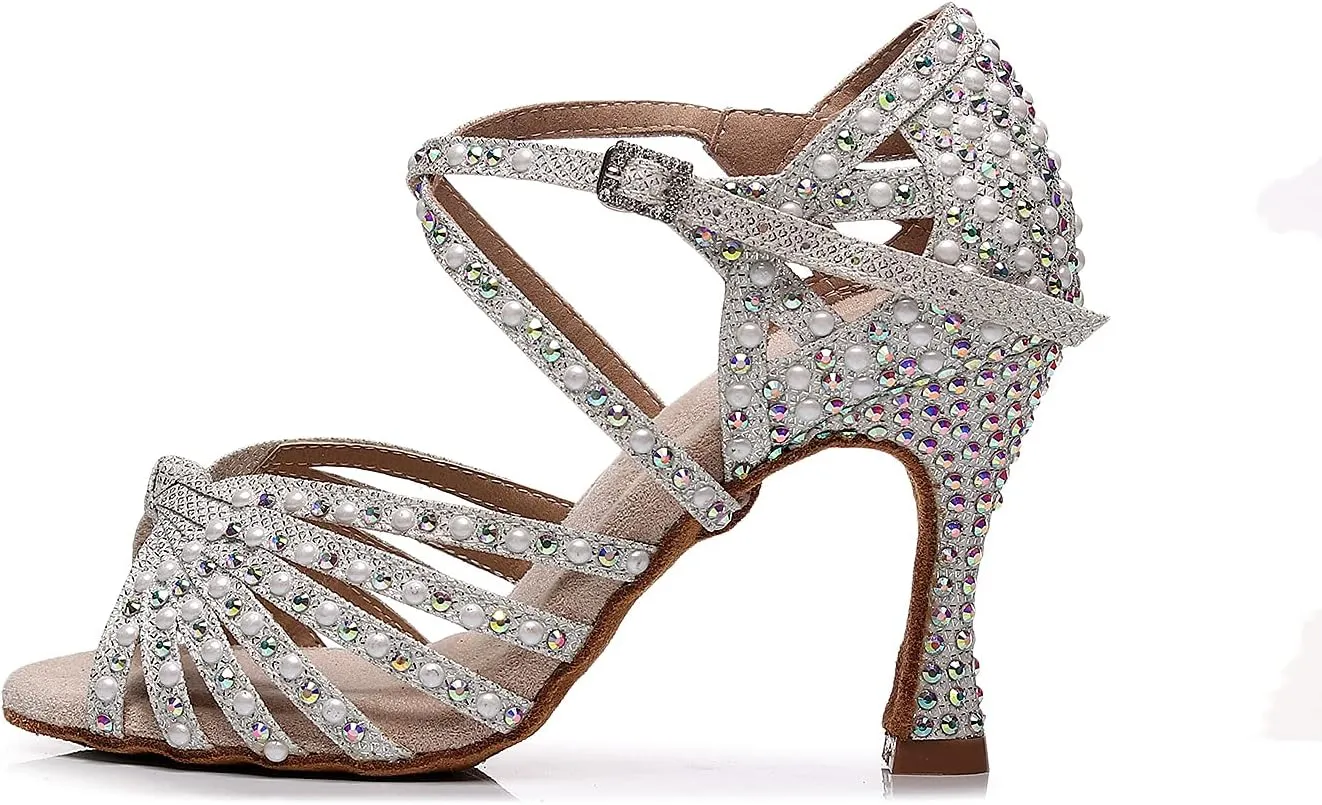 Latin Dance Shoes Salsa Wedding High Heel Shoes 3.35 inch Suede Sole Rhinestone Pumps Pearl Decoration for Women