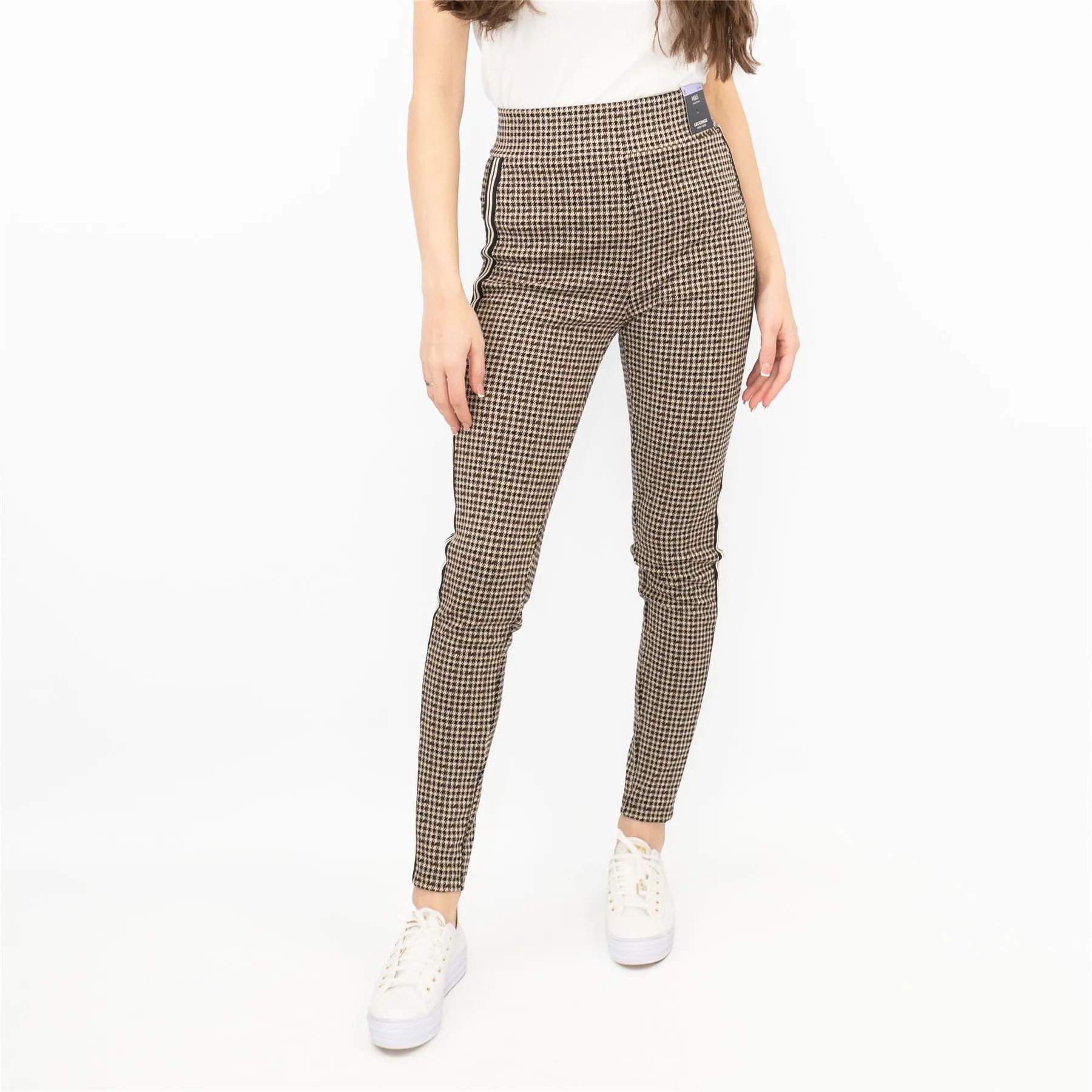 M&S Womens Leggings in Brown Check Pattern with Stripe Details