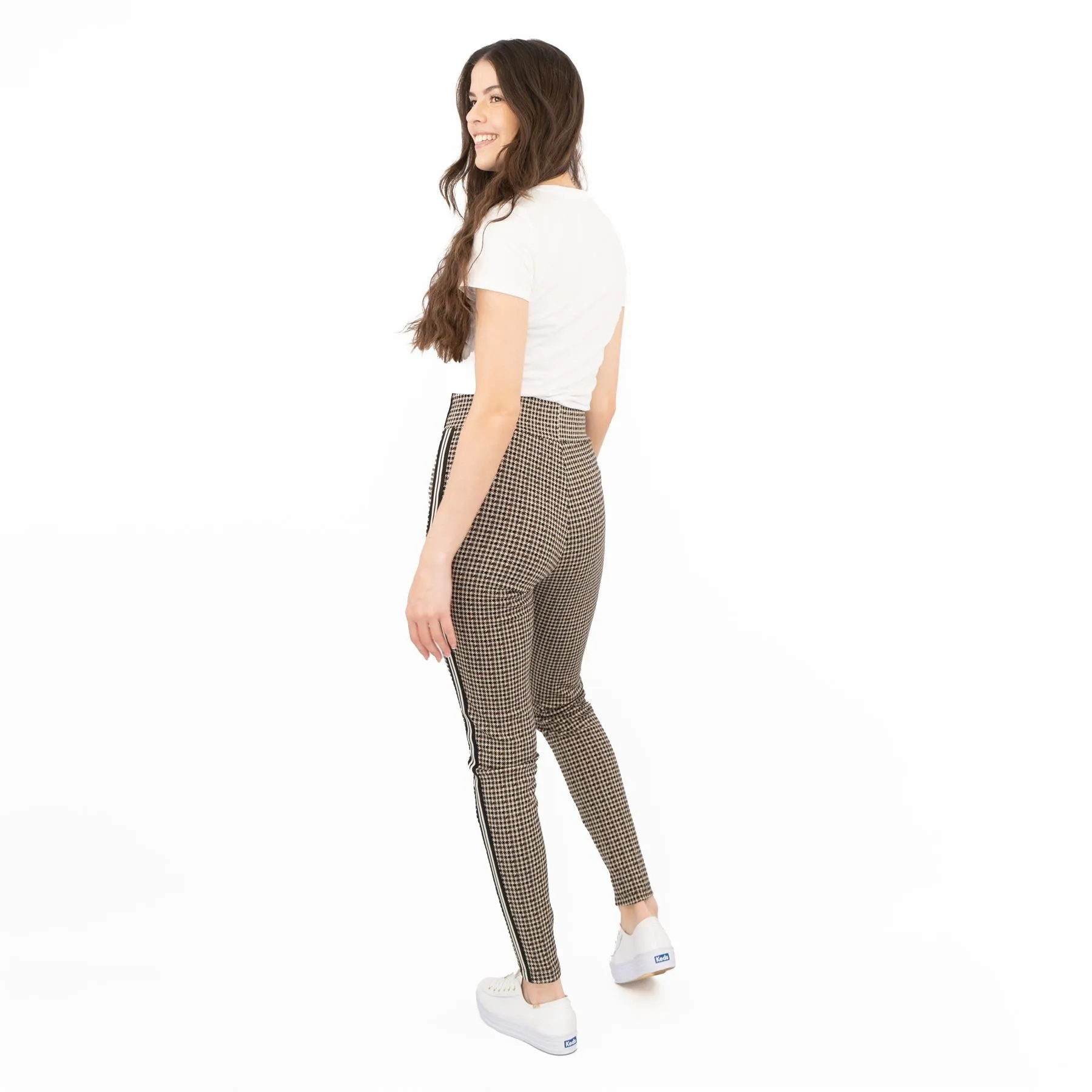 M&S Womens Leggings in Brown Check Pattern with Stripe Details