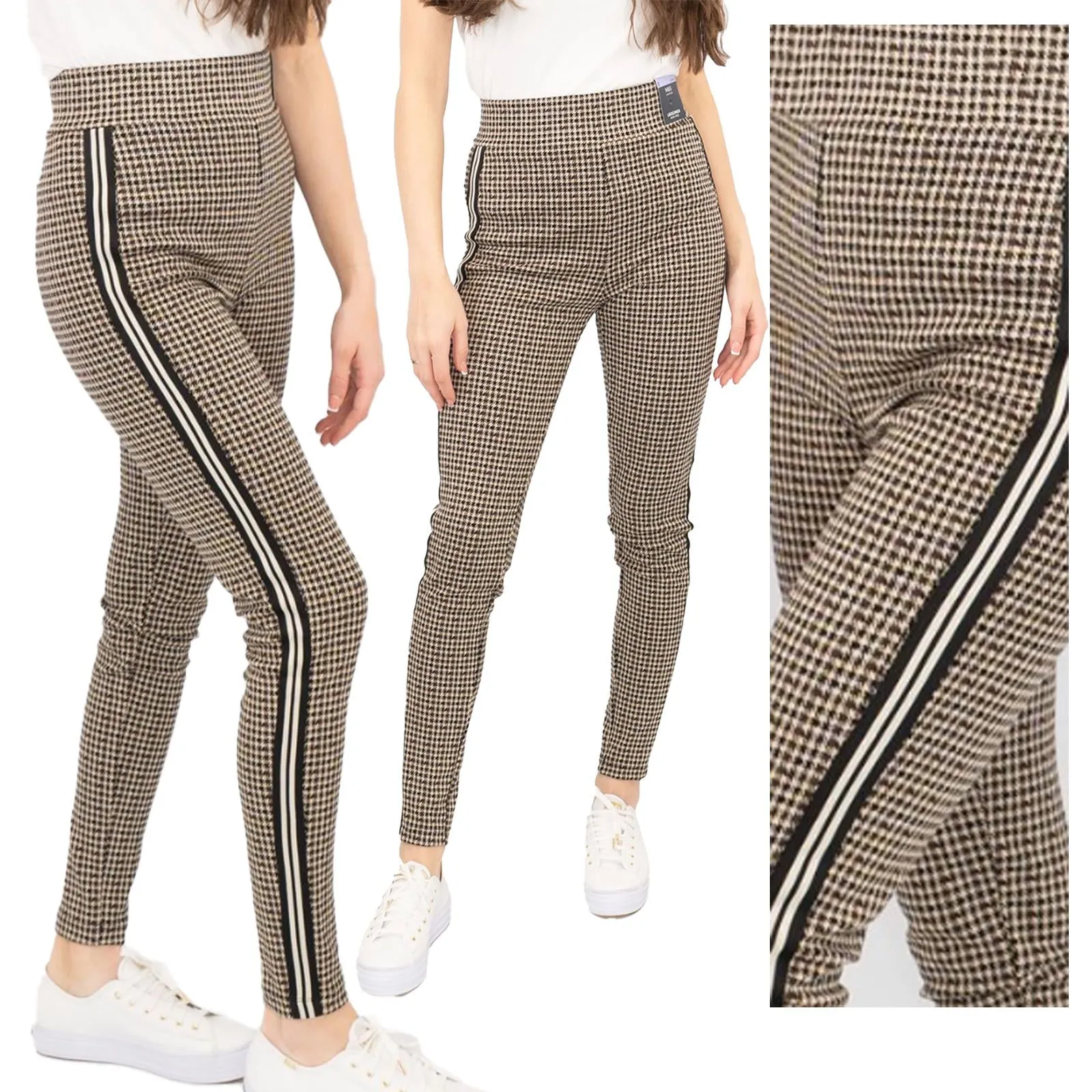 M&S Womens Leggings in Brown Check Pattern with Stripe Details