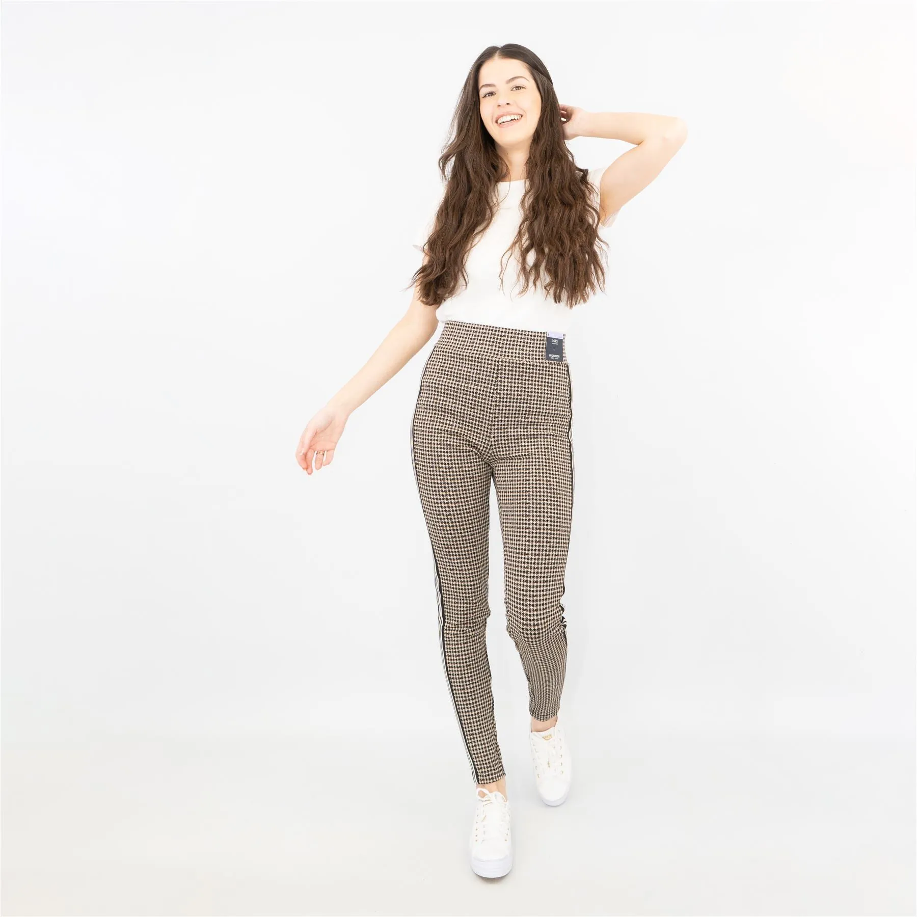 M&S Womens Leggings in Brown Check Pattern with Stripe Details