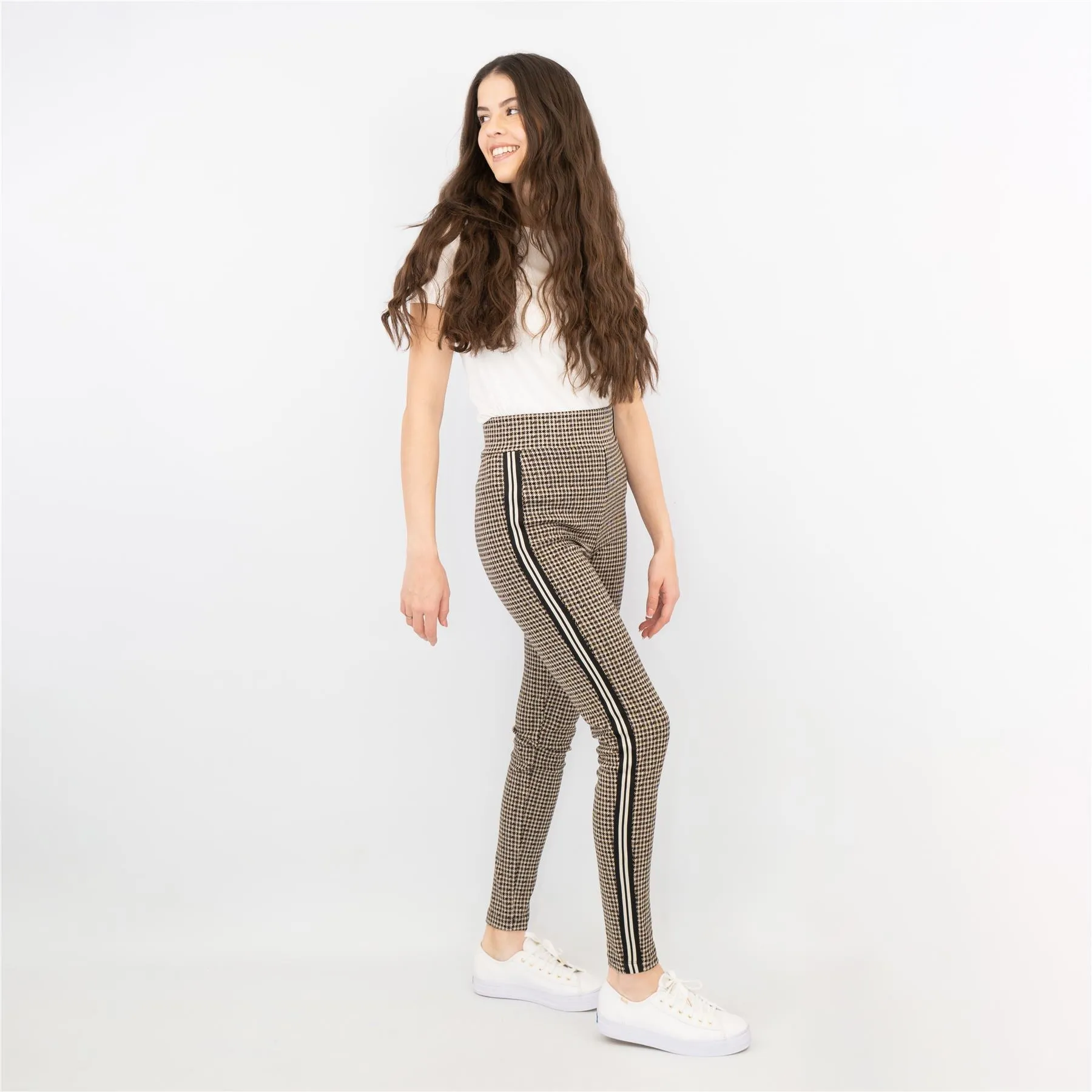 M&S Womens Leggings in Brown Check Pattern with Stripe Details