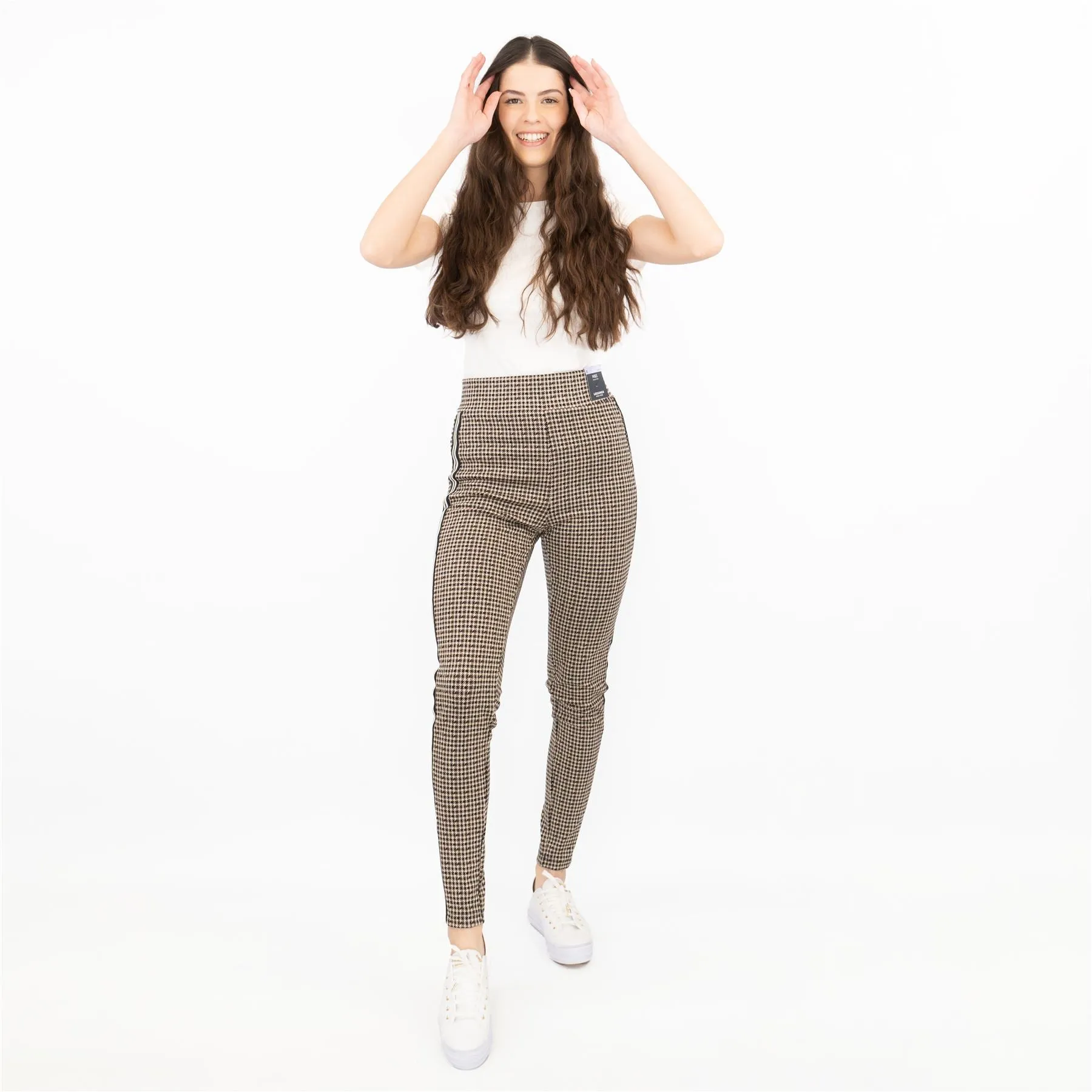M&S Womens Leggings in Brown Check Pattern with Stripe Details