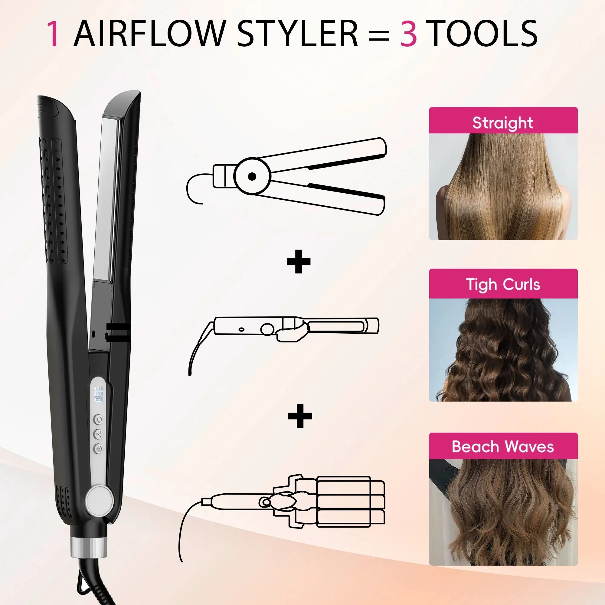 Nicebay Hair Straightener, Airflow Styling, 1 inch Curling Wand Cool Air Vent, 5 Temp, Dual Voltage
