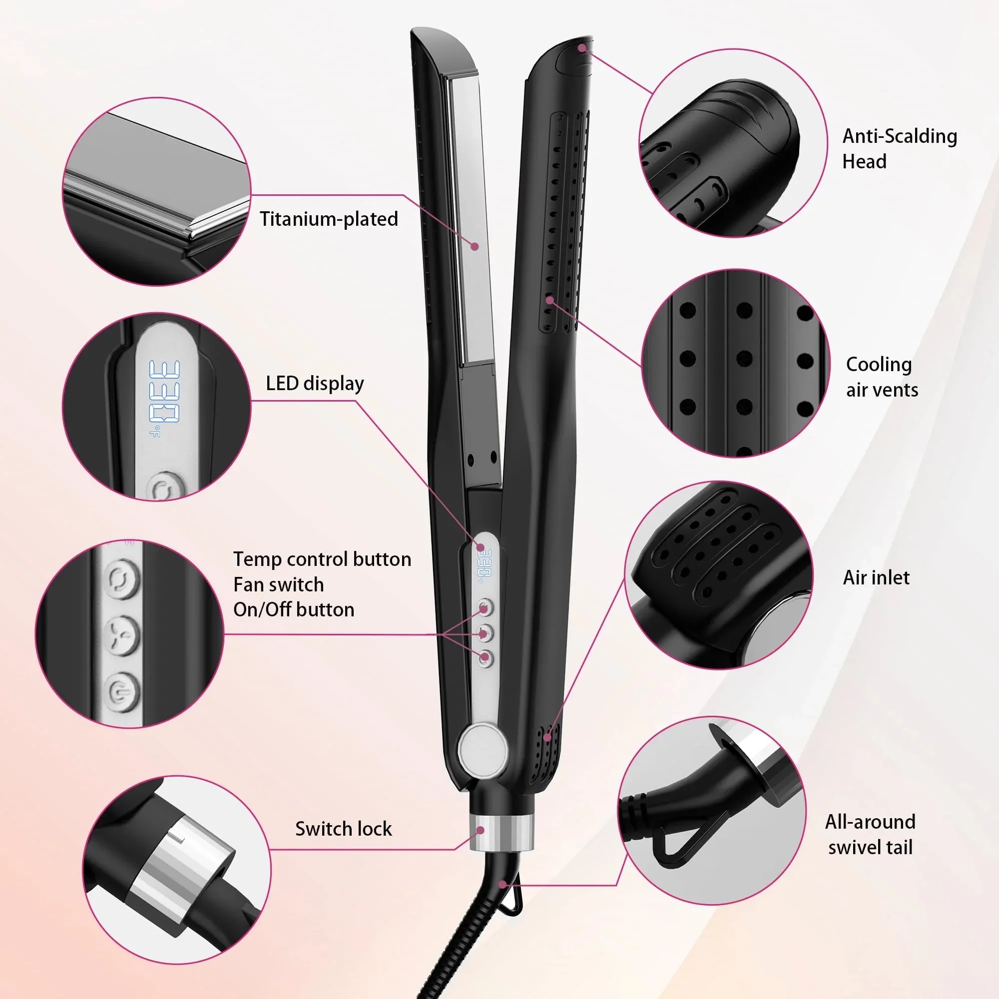 Nicebay Hair Straightener, Airflow Styling, 1 inch Curling Wand Cool Air Vent, 5 Temp, Dual Voltage