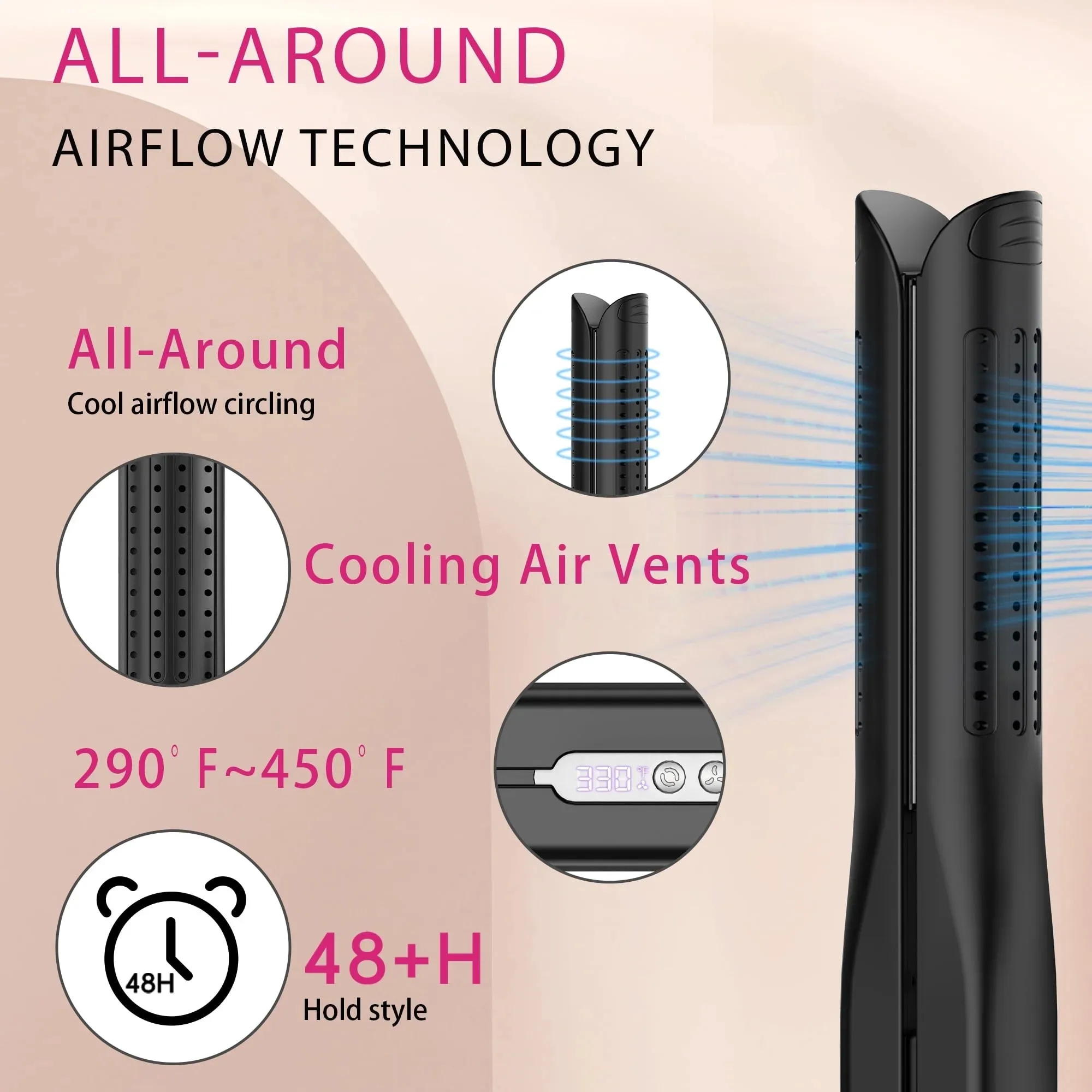 Nicebay Hair Straightener, Airflow Styling, 1 inch Curling Wand Cool Air Vent, 5 Temp, Dual Voltage