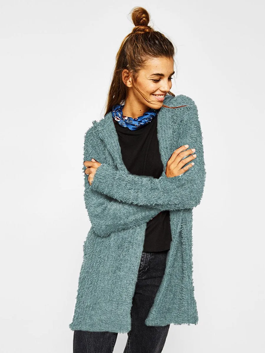 Plush Hooded Open Front Long Cardigan Coat
