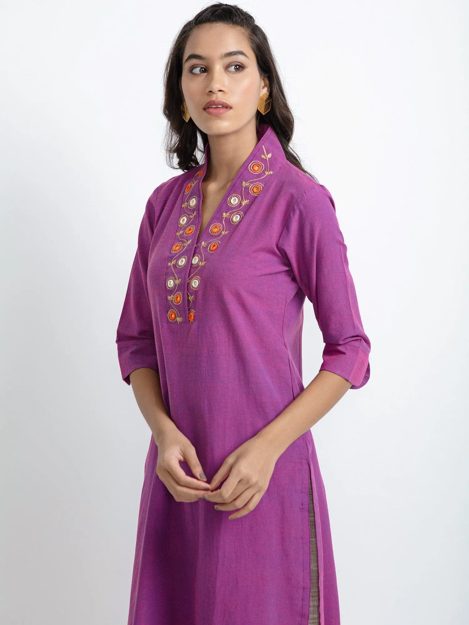 Purple Mirror Work Cotton Kurta set