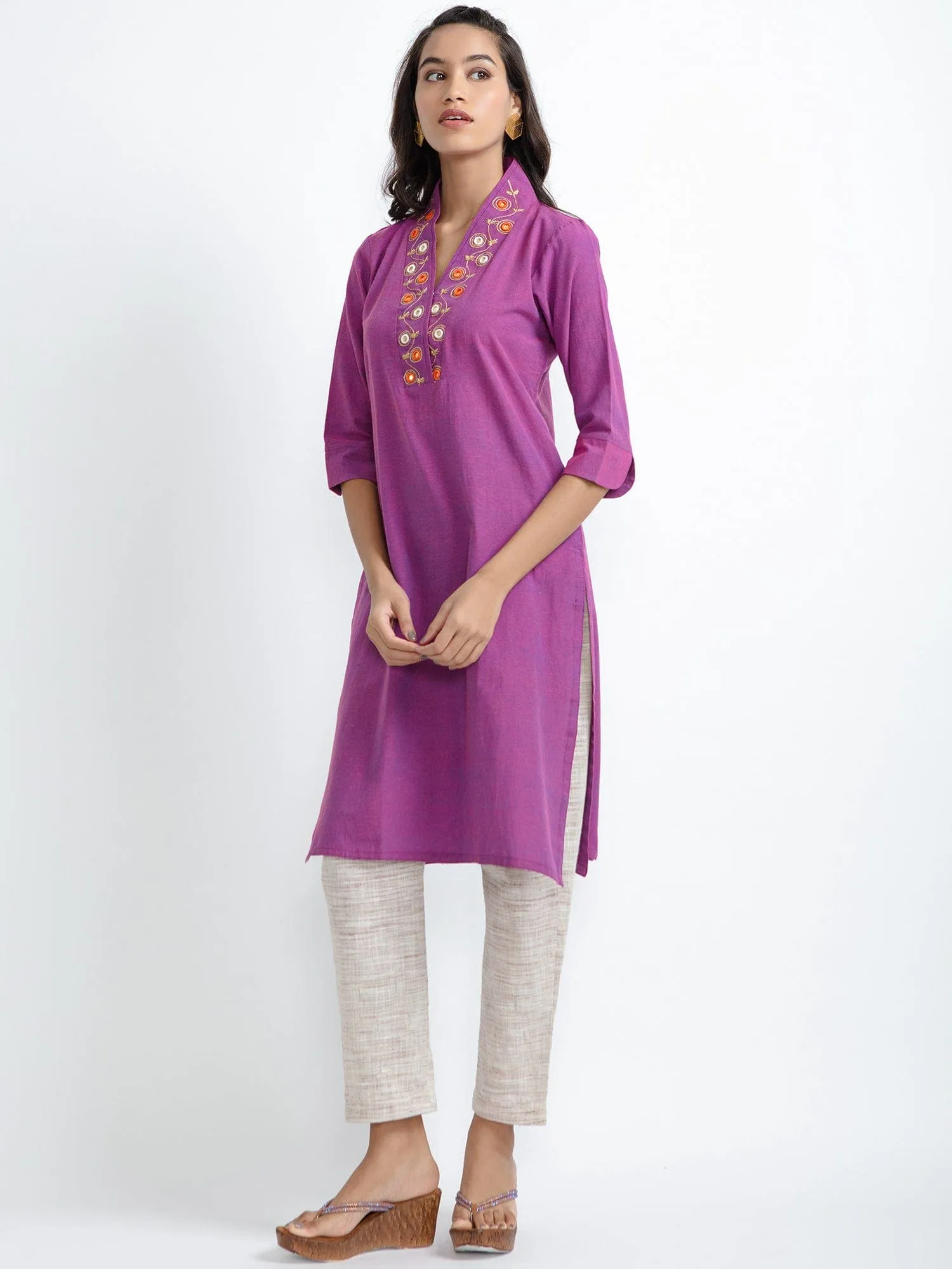 Purple Mirror Work Cotton Kurta set