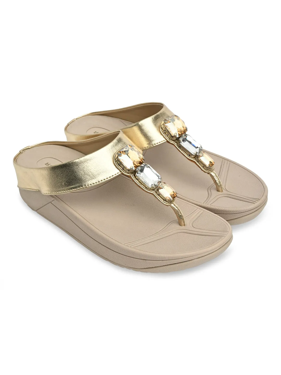 Rocia By Regal Gold Women Diamond Studded Comfort Flats