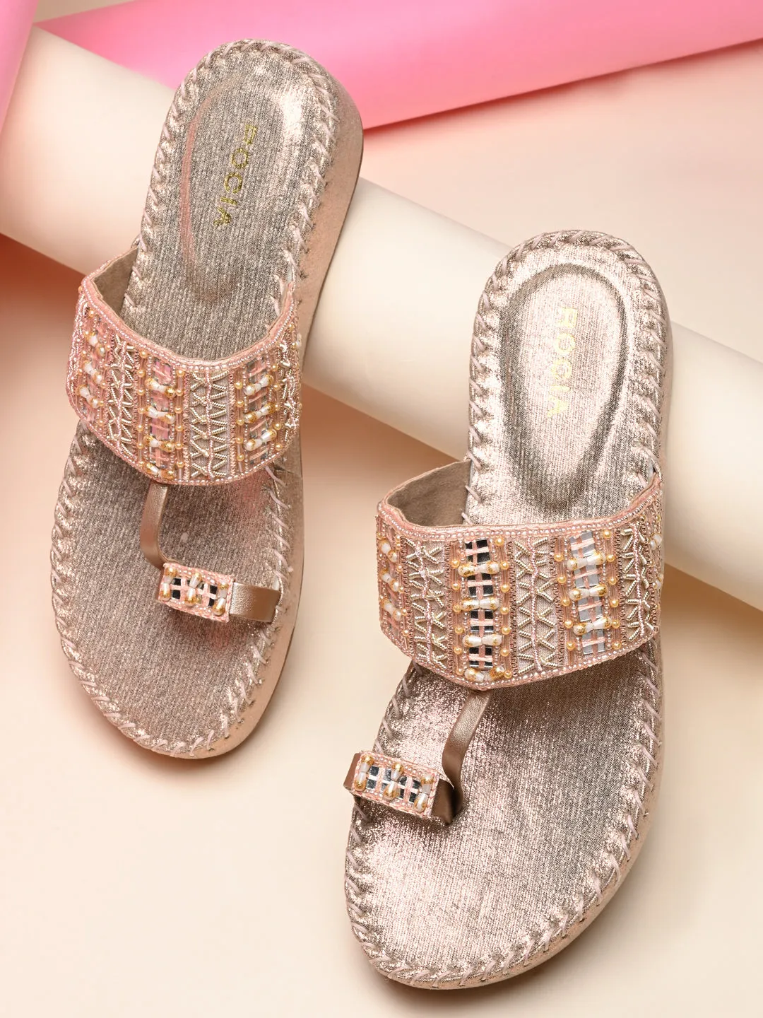 Rocia By Regal Rose Gold Women Embroidered Cushioned Flats