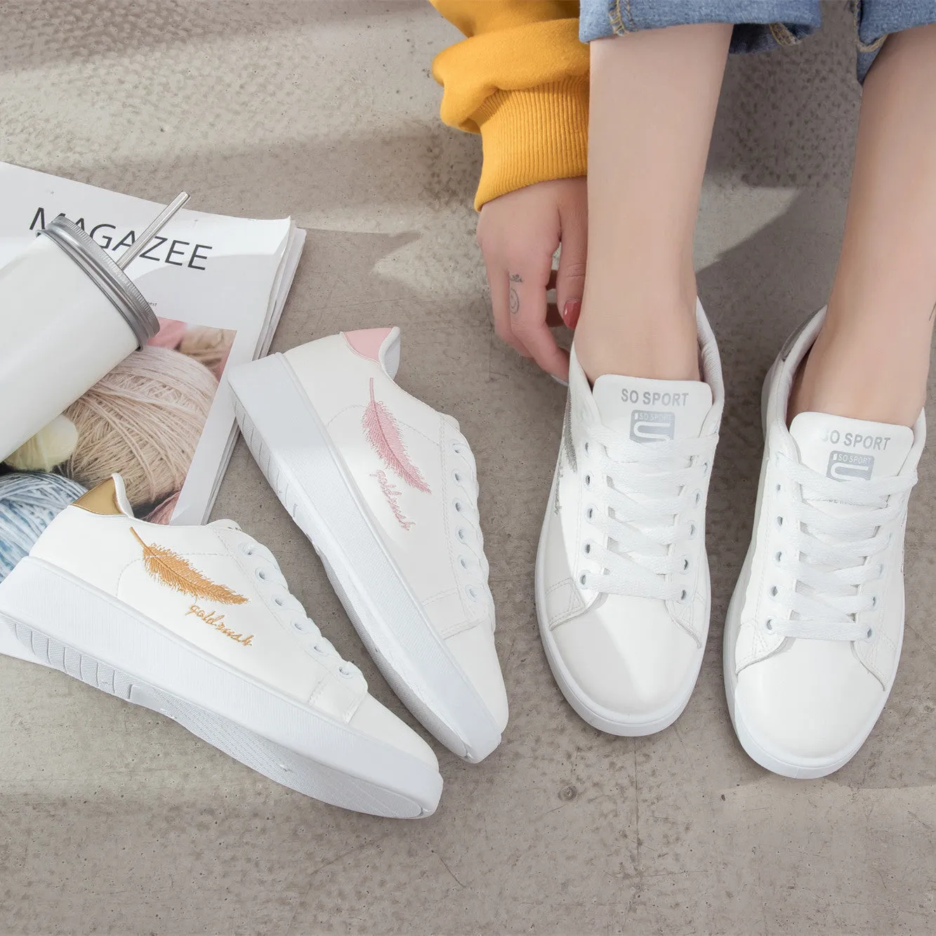 SH224 - Embroidered leaves light white shoes