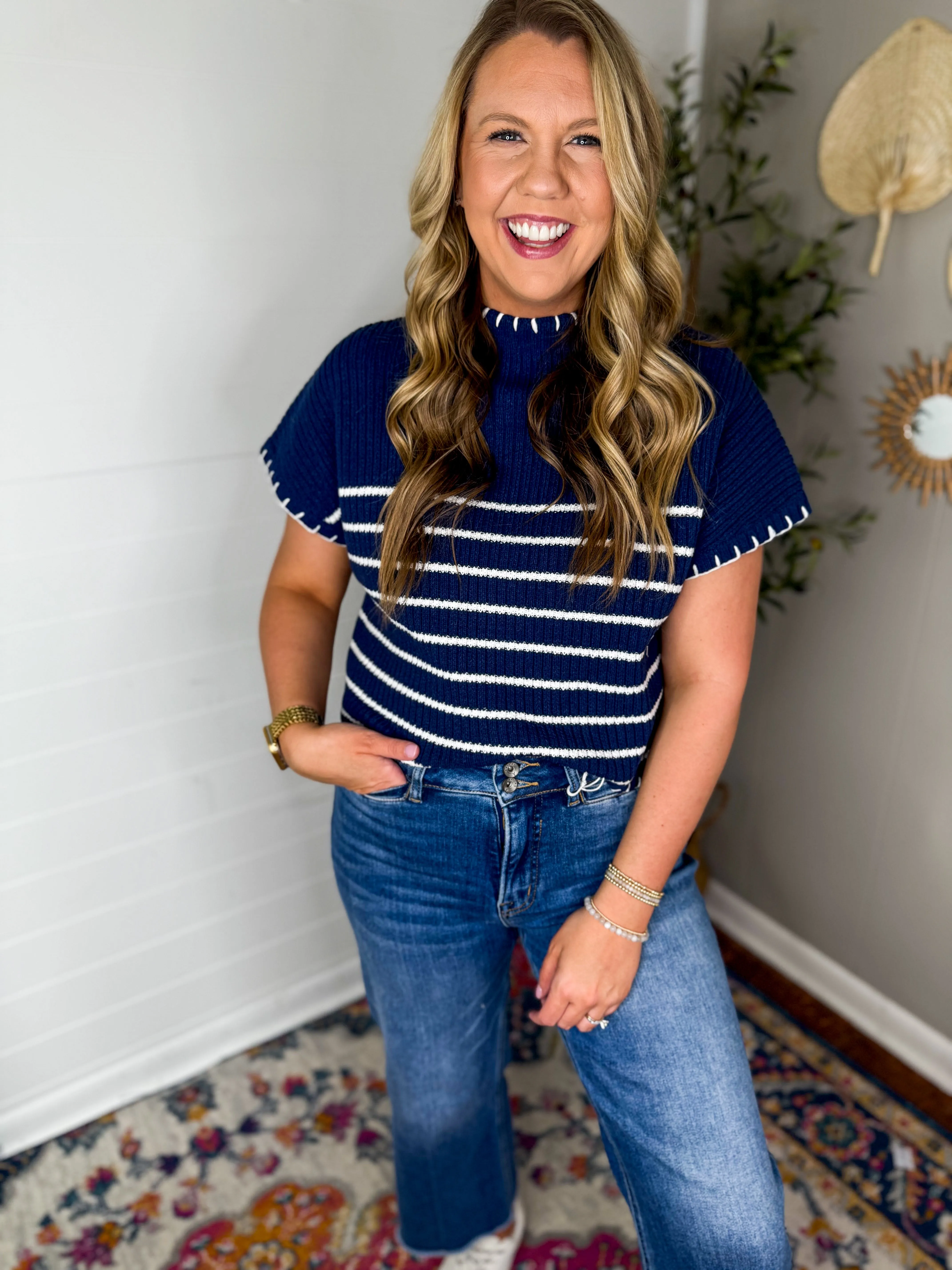 Striped Knit Sweater With Blanket Stitch Accents