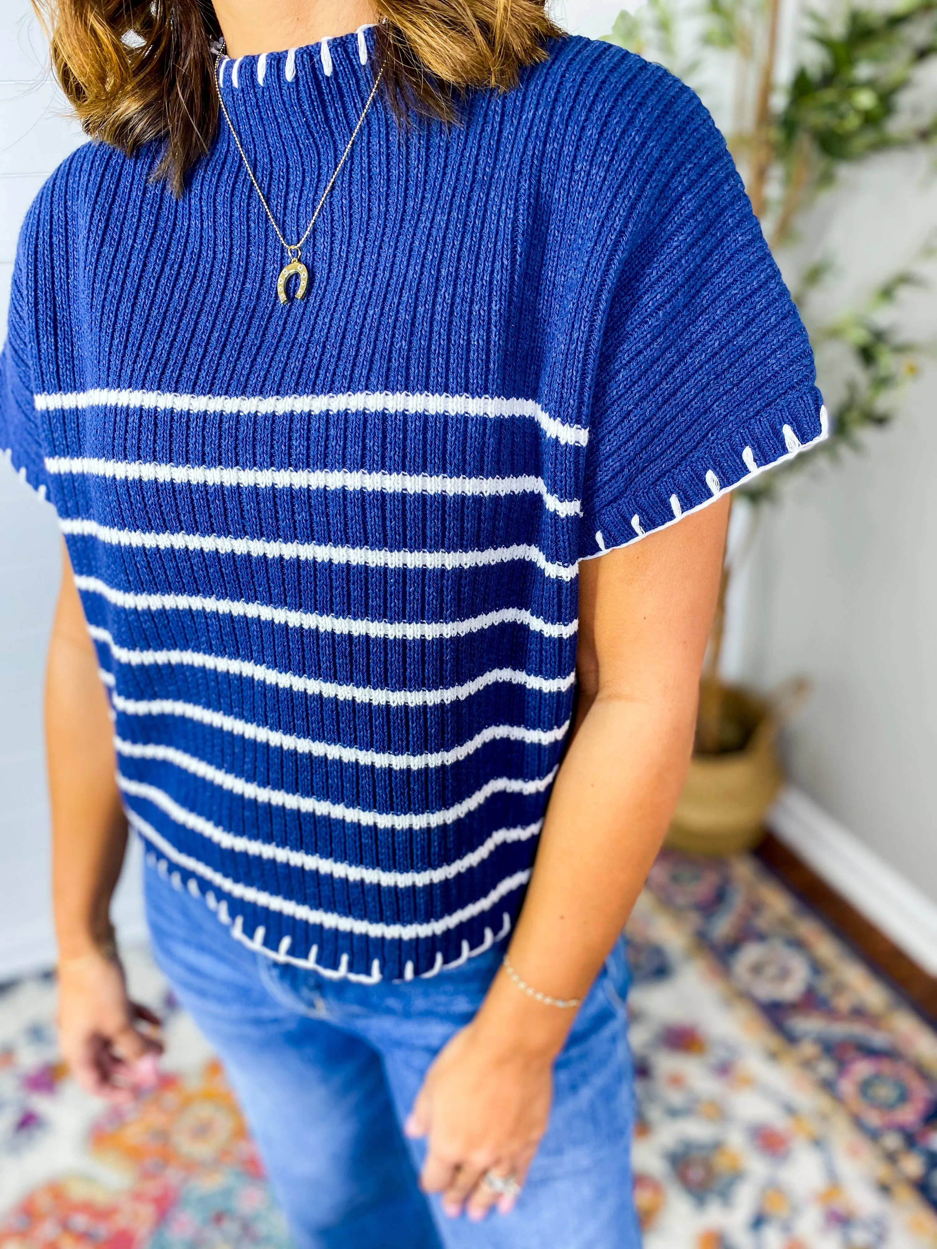 Striped Knit Sweater With Blanket Stitch Accents