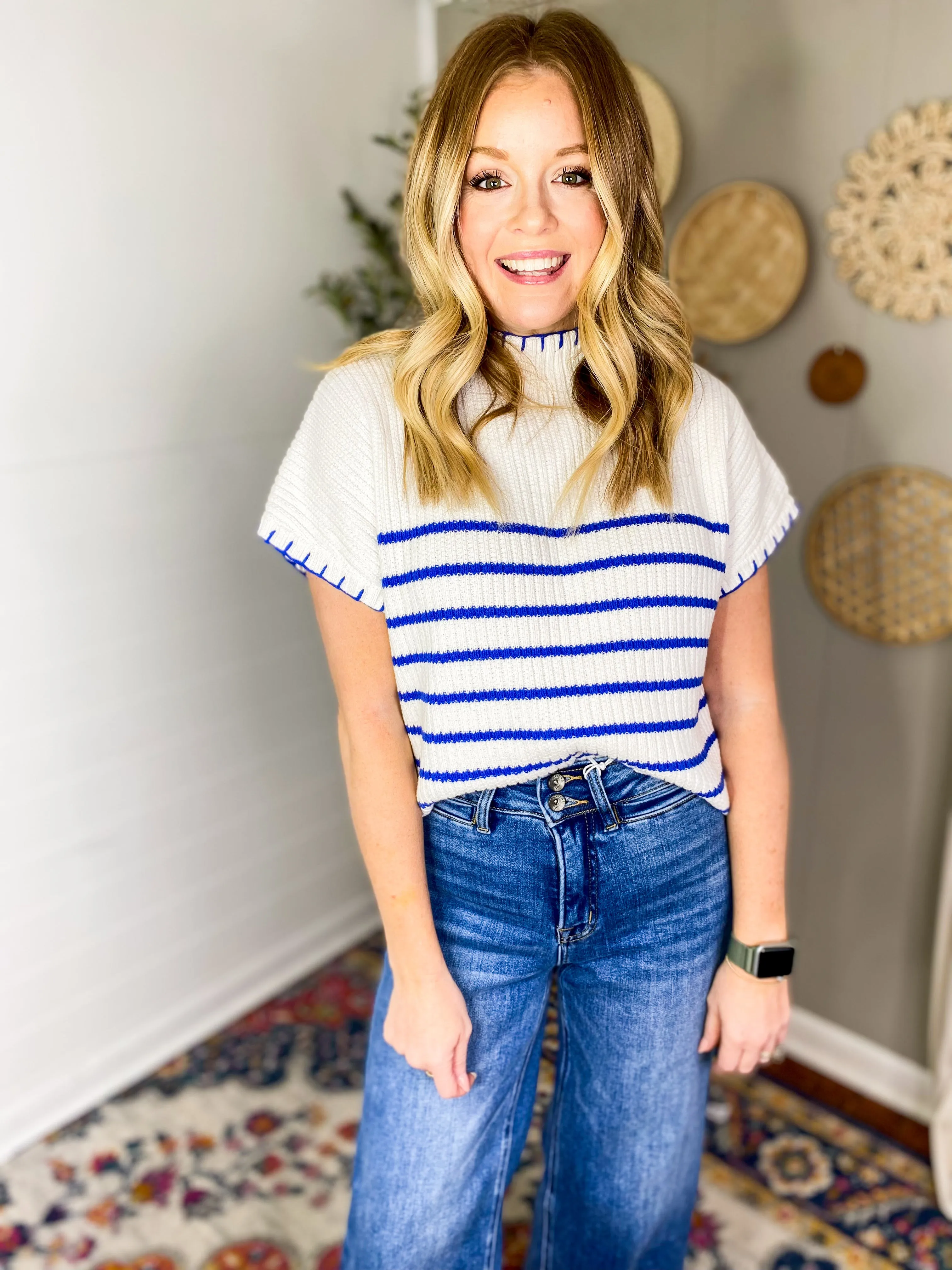 Striped Knit Sweater With Blanket Stitch Accents