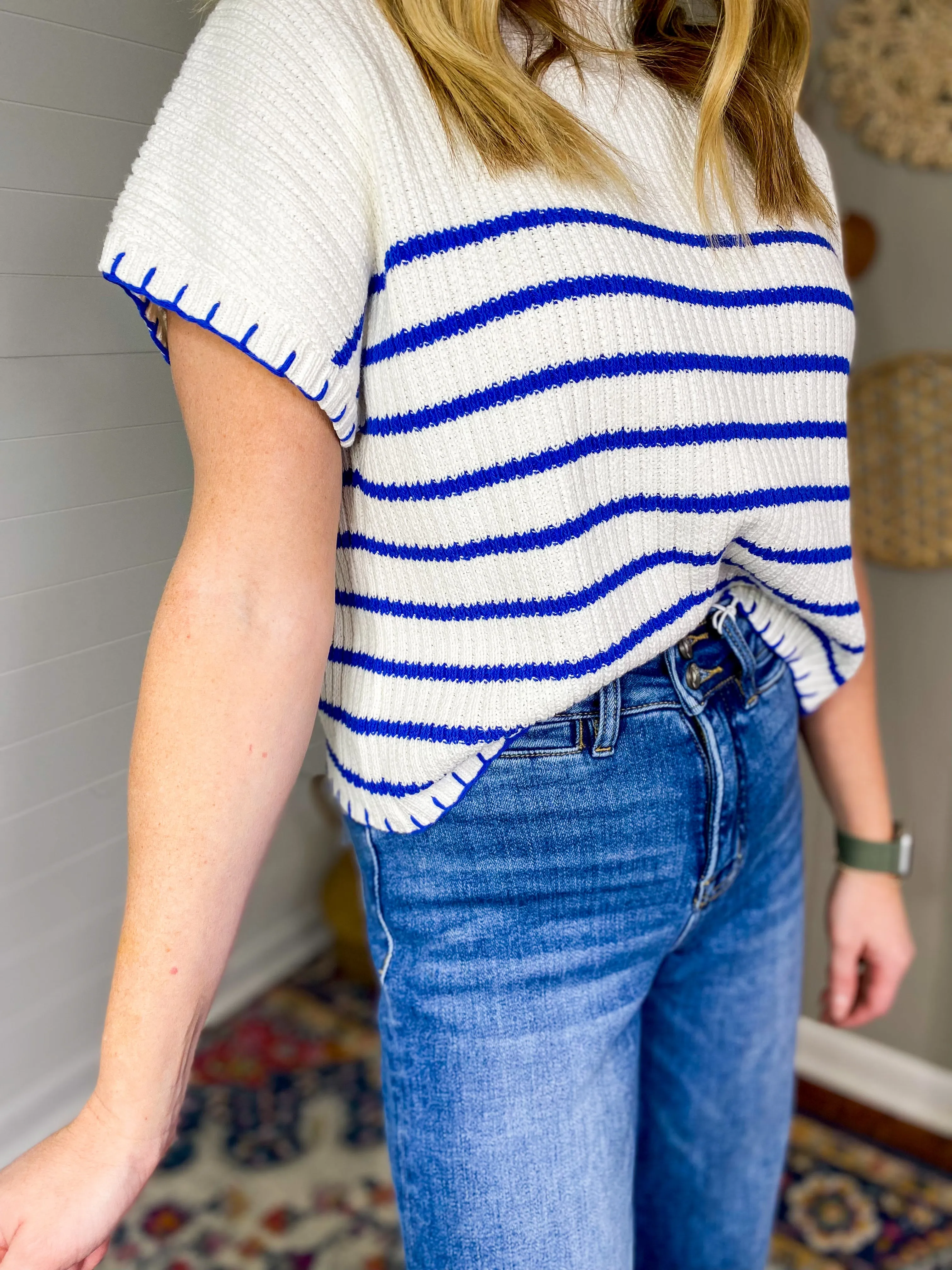 Striped Knit Sweater With Blanket Stitch Accents