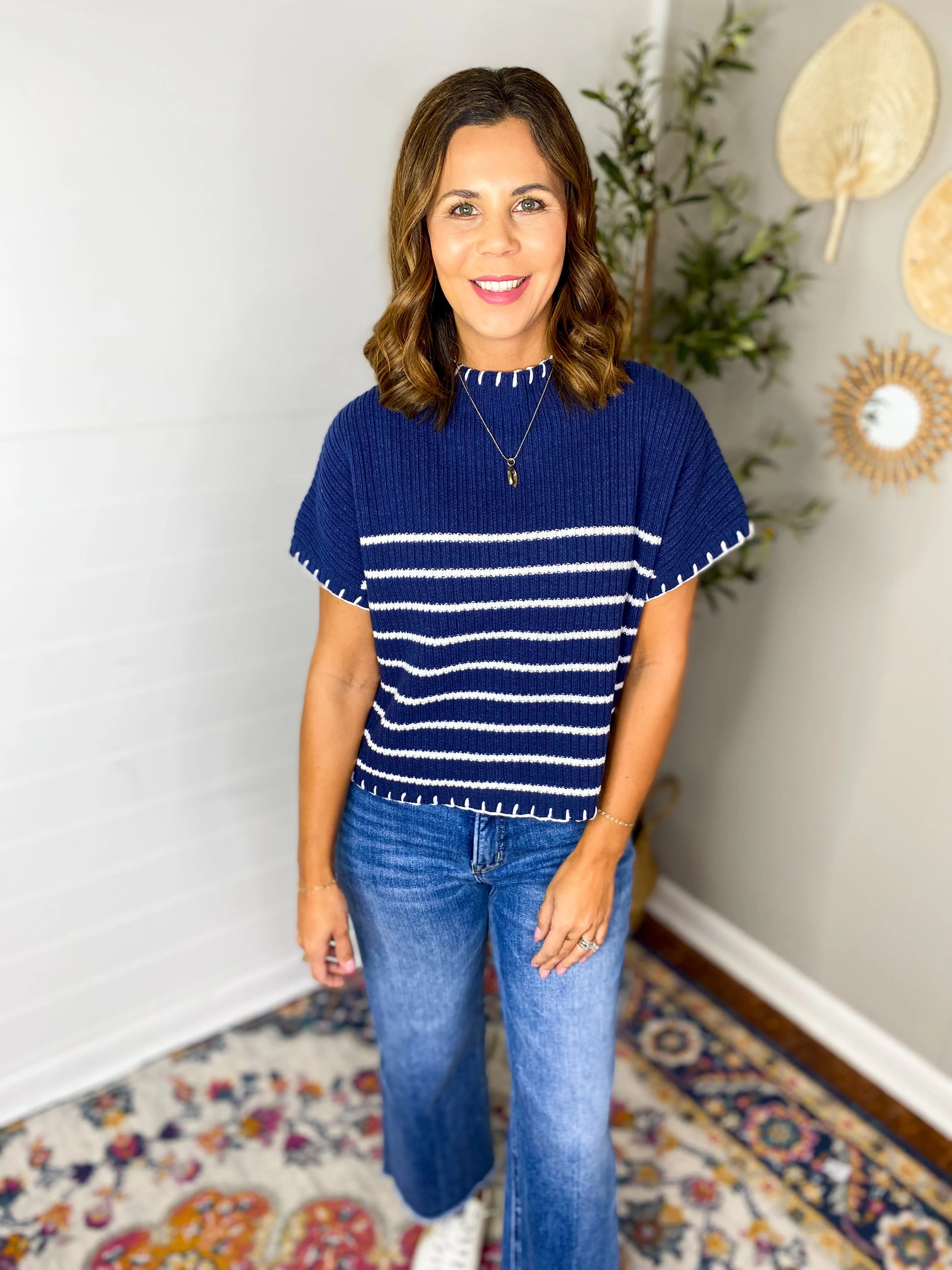 Striped Knit Sweater With Blanket Stitch Accents