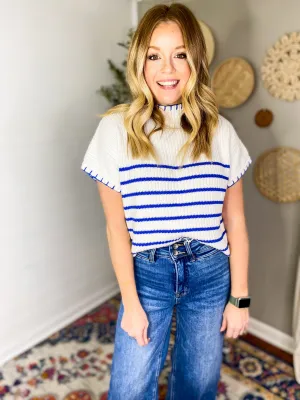 Striped Knit Sweater With Blanket Stitch Accents