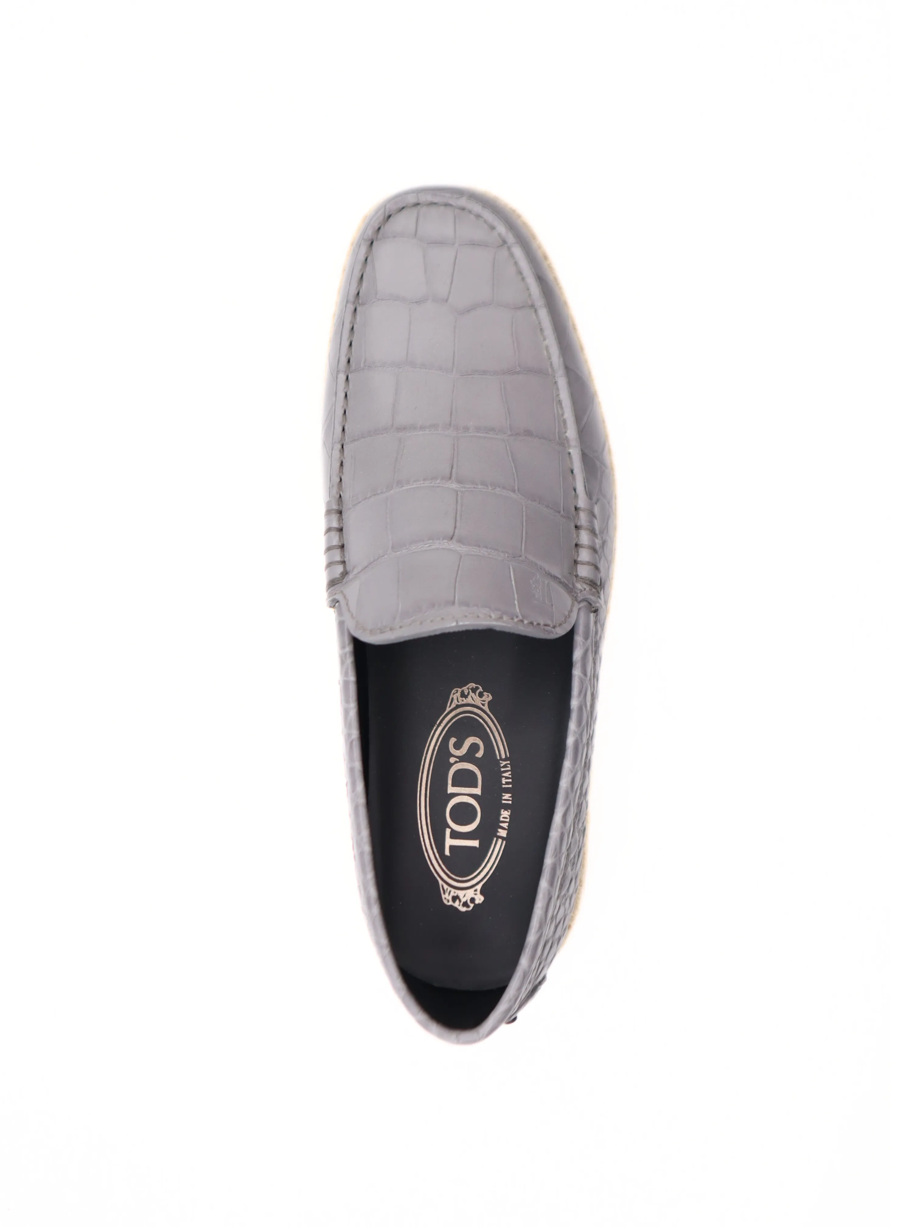 Tods Mens Grey Leather Croc Espadrille with Raffia Sole