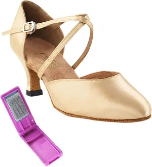 Very Fine Dance Shoes - Ladies Latin, Rhythm, Salsa, Waltz, Wedding Dance Shoes - 9691-2.5-inch Heel and Foldable Brush Bundle - Light Brown Satin - 10