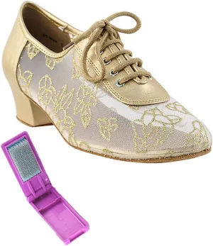 Very Fine Dance Shoes - Ladies Practice, Cuban Low Heel Ballroom Dance Shoes - 2002-1.5-inch Heel and Foldable Brush Bundle - Light Gold Leather - #79 Mesh - 8