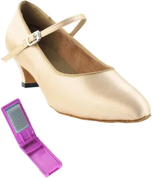 Very Fine Dance Shoes - Ladies Practice, Cuban Low Heel Ballroom Dance Shoes - 3008-1.3-inch Heel and Foldable Brush Bundle - Light Brown Satin - 7