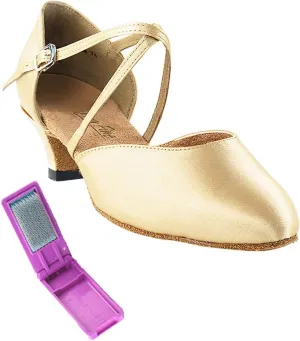 Very Fine Dance Shoes - Ladies Practice, Cuban Low Heel, Waltz Ballroom Dance Shoes - 9691-1.3-inch Heel and Foldable Brush Bundle - Light Brown Satin - 7.5