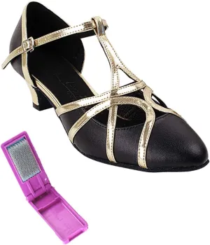 Very Fine Dance Shoes - Ladies Practice, Cuban Low Heel, Waltz Ballroom Dance Shoes - SERA3541-1.2-inch Heel and Foldable Brush Bundle - Black Leather - Light Gold Trim - 8