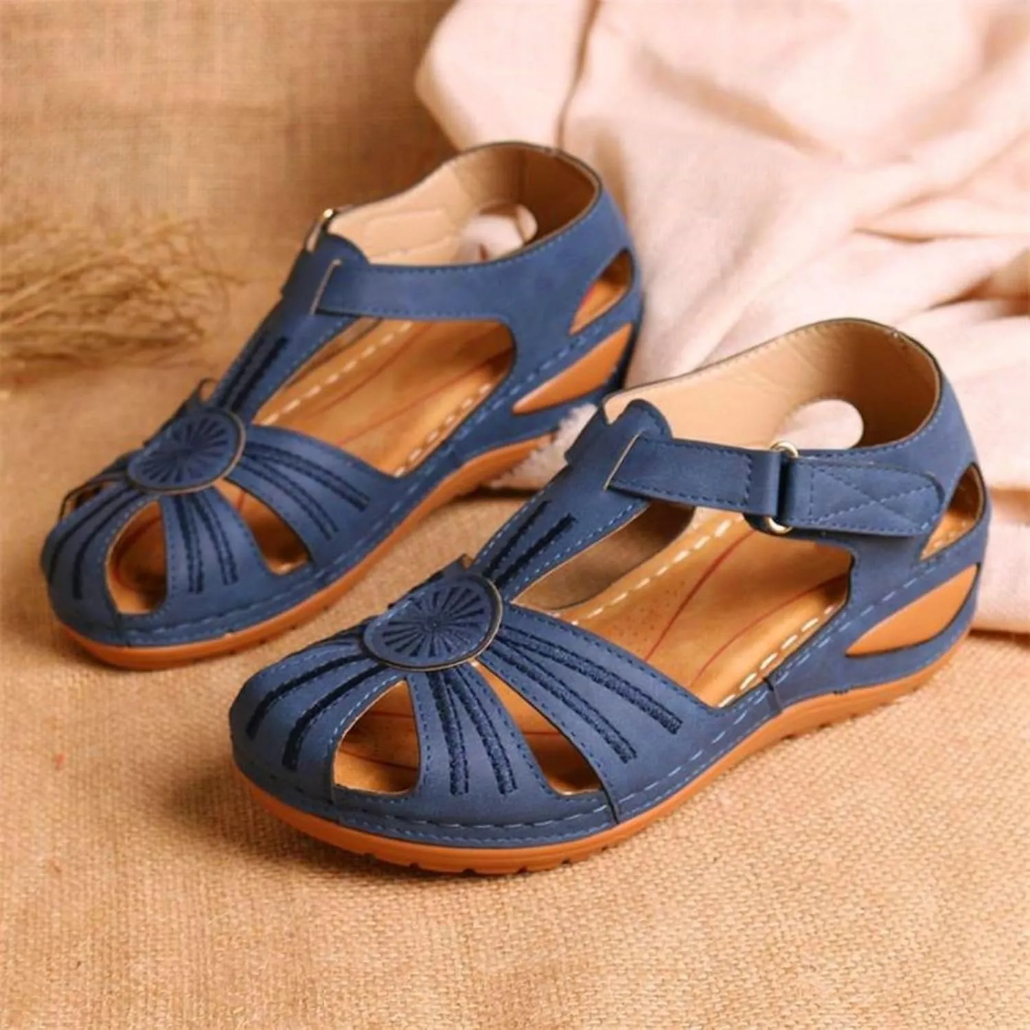 Womens Wedge Closed Toe Sandals Platform Summer Hollow Out Strap Ankle Wedges Shoes Orthopedic Comfy Slip on Bohemia Gladiator Ladies Shoes Beach Casual Athletic Sandals