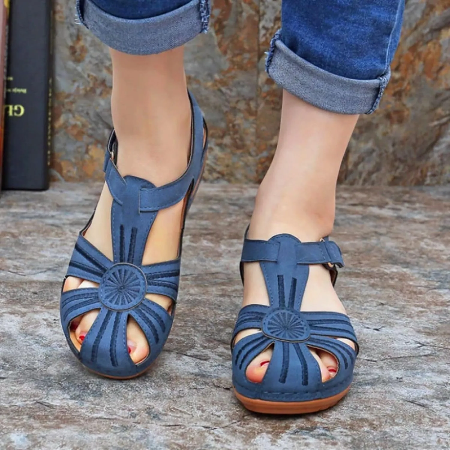 Womens Wedge Closed Toe Sandals Platform Summer Hollow Out Strap Ankle Wedges Shoes Orthopedic Comfy Slip on Bohemia Gladiator Ladies Shoes Beach Casual Athletic Sandals